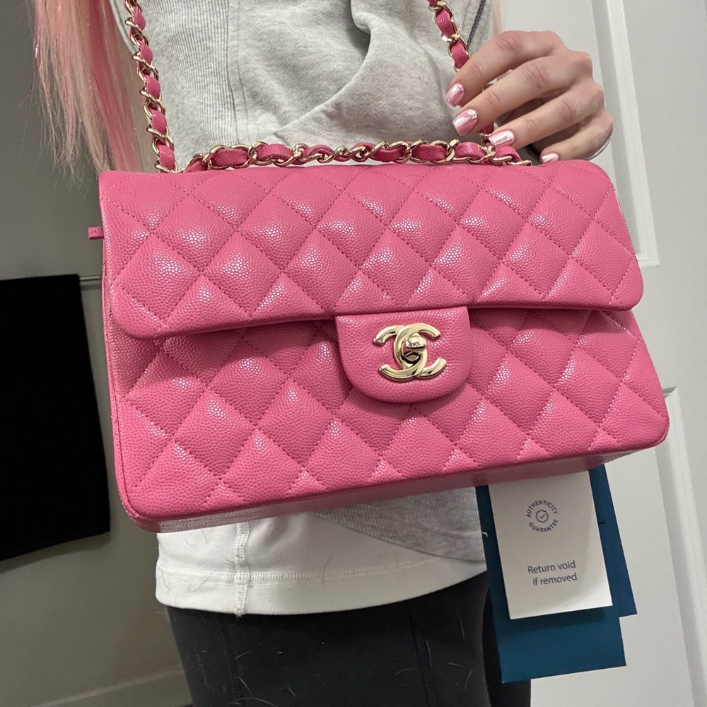 CHANEL PINK CAVIAR LEATHER SMALL CLASSIC FLAP BAG LIGHT GOLD HARDWARE NEW